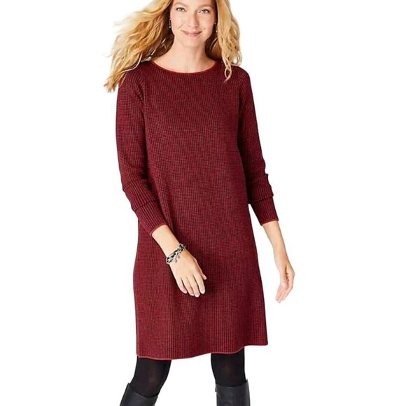 J. Jill Red Black Houndstooth Long Sleeve Relaxed  Fit Sweater Dress Size M - Picture 1 of 9